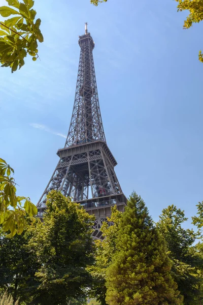 Wieża Eiffla Oprawione Drzew Słoneczny Letni Dzień Paryż Francja — Zdjęcie stockowe