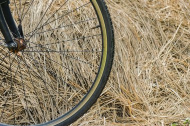 Saman bir demet bir arka plan üzerine bir bisiklet tekerleği bir parçası.