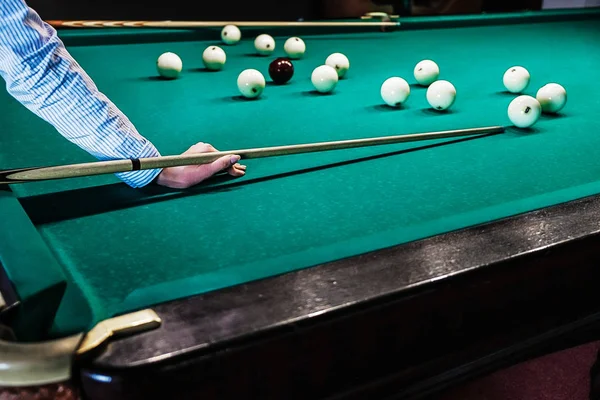 Scattered Billiard Balls Woman Hand Cue Playing Pool — Stock Photo, Image
