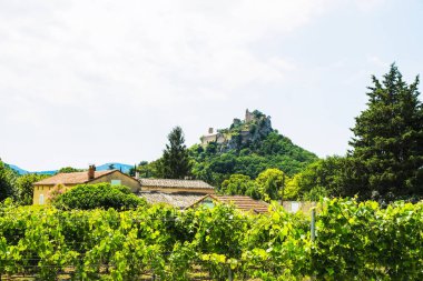  Feodal kale Köyü Entrechaux ' Provence'de üzüm şarapları ve eski binalar arasında tepenin üzerinde.