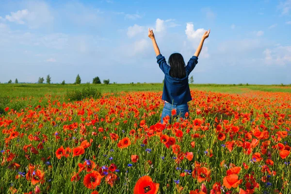 Mutlu Bayan 59 yıl mavi giysiler içinde eski Poppies alanında duruyor geri döndü. Kadın ellerini gökyüzüne kaldırdı. Ukrayna 'da yaz sabahı. Boşluk Kopyala.