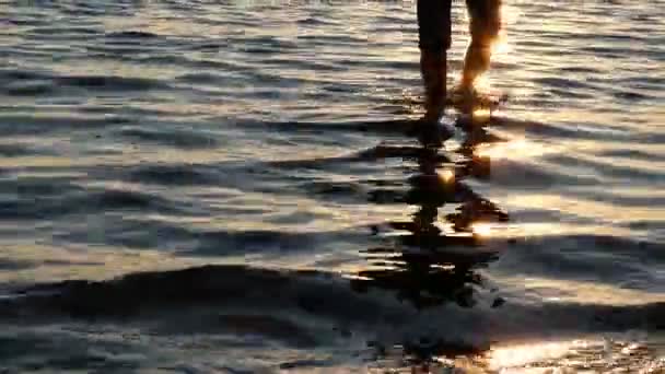 Legs Man Walking Sunny Track Water Sunset Ukrainian Nature — Stock Video