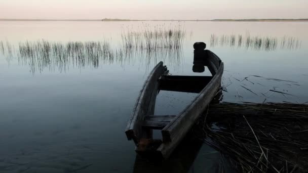 大きな湖の砂浜に古い木製のボート 湖の上の静けさ スビティアズ湖の日の出ウクライナの自然 — ストック動画