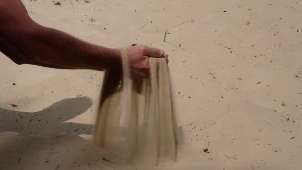 Handen Van Mens Sift Zand Een Zandduin Het Natuurpark Van — Stockvideo