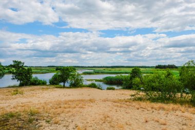 Ukrayna'da Svalovichi köyü yakınlarındaki Pripyat Nehri. Su turizmi için yer. Ukrayna doğası.