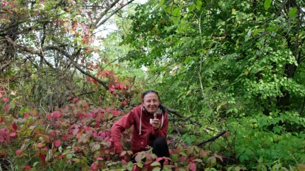 赤いパーカーの59歳の女性は 秋の涼しい散歩に熱いお茶で自分自身を暖めます 女性はウクライナの森の中で野生ブドウの赤い葉に座っています 自己分離概念 — ストック動画