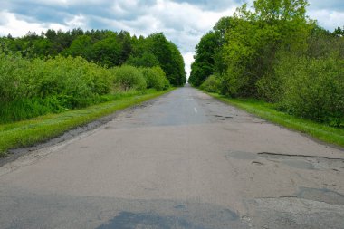  Ukrayna 'da yağmurdan önce terk edilmiş yol. İki tarafta da orman var. Boşluğu kopyala.