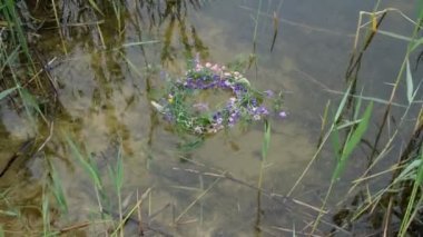 Yazın Ukrayna 'da su yüzeyinde renkli kır çiçekleri çelengi. Suyun içindeki sazlıkların yansıması. İvan Kupala 'nın Pagan bayramı.