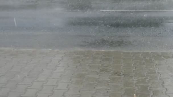 Flujo Agua Polvo Agua Carretera Durante Una Tormenta Eléctrica Ruedas — Vídeo de stock