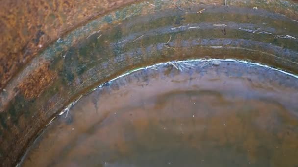 Gotas Chuva Caem Barril Enferrujado Água — Vídeo de Stock