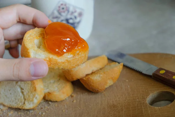 Toast Apricot Jam Man Hand Breakfast Home — Stock Photo, Image