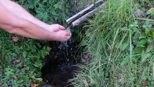 Homem Lava Mãos Num Riacho Montanha Água Limpa Fria Flui — Vídeo de Stock