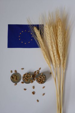 Spikeletler. Buğday tohumları. AB Para Birimi. Avrupa Birliği Bayrağı. Tarım politikaları. Çiftçilerin Endişeleri.