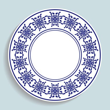Dekoratif tabak dairesel bir desen ile. Mavi arka plan. Vektör çizim.