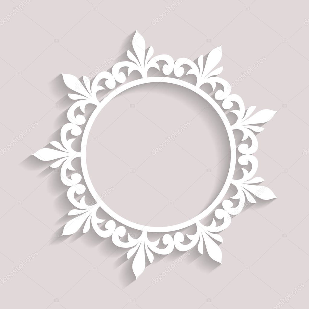 Abstract paper frame with shadow, swirly round vignette, ornamental vector label on white background, eps10