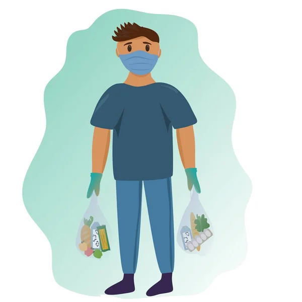 Young Man Buys Groceries Pandemic Quarantine Wearing Mask Gloves Virus — Stock Photo, Image