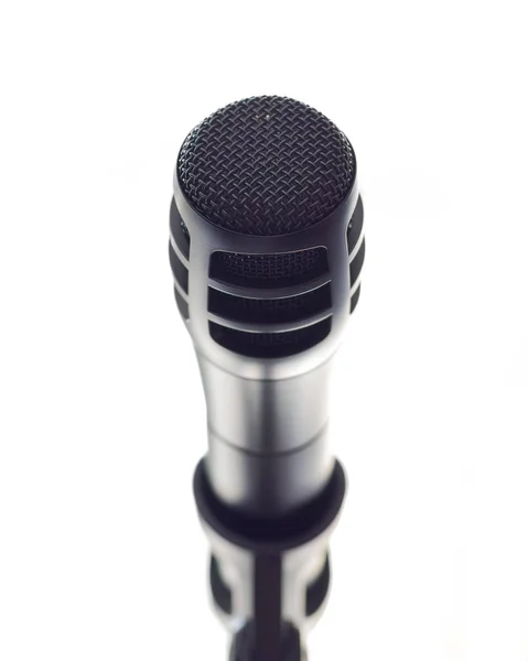 Sleek Black Microphone Stand Front Open White Space — Stock Photo, Image