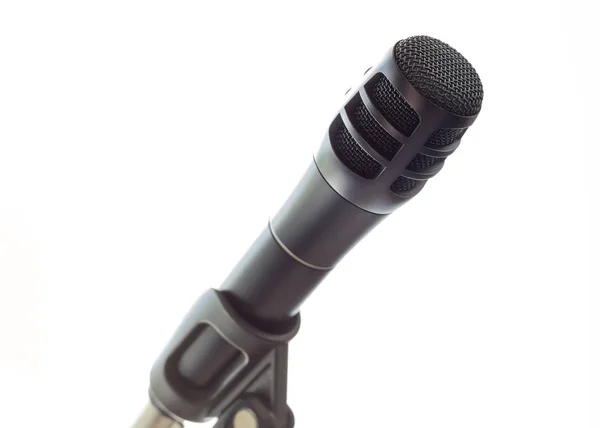 Ein Elegantes Schwarzes Mikrofon Auf Einem Stativ Vor Offenem Weißen — Stockfoto