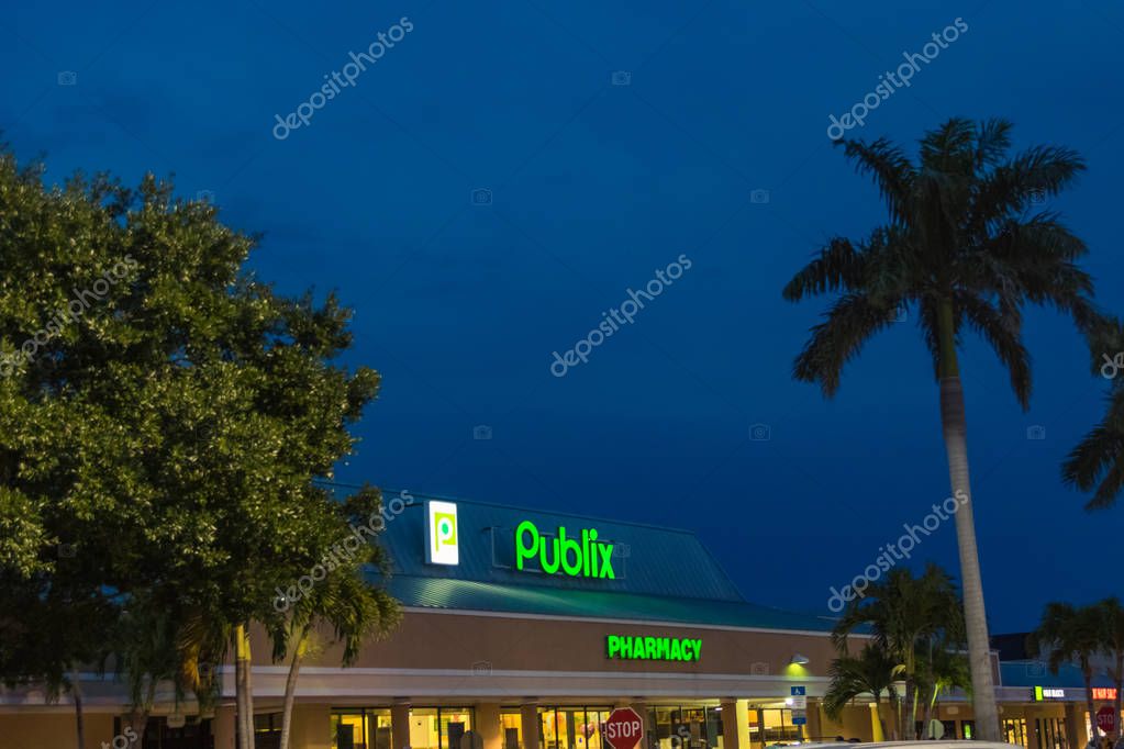 A Publix storefront image taken during twilight hours as seen from the parking lot. The neon signs are lit from the rooftop. The store has palm trees that frame the glass window store entrance.