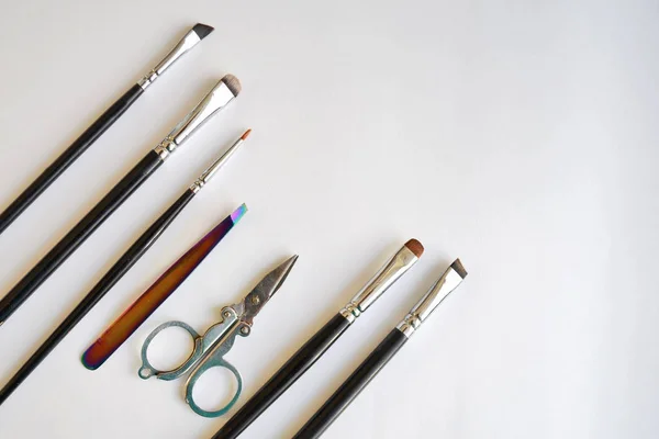 Set tools make-up artist. A set of different makeup artist brushes and scissors lie diagonally on a white background