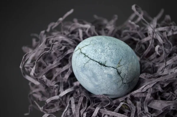 Blaues Ei mit Riss, bemalt mit Tee-Hibiskus, liegt auf Papier ähnlich einem Heunest auf schwarzem Hintergrund in Nahaufnahme — Stockfoto