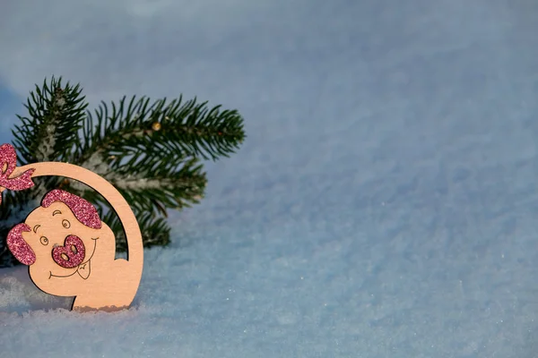 Tło Nowego Roku Dekoracja Choince Śniegu Pig Jest Symbolem 2019 — Zdjęcie stockowe