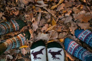 Sonbahar yaprakları yerde yatıyor, ılık kış çorap bacaklar çarşaf üzerinde.