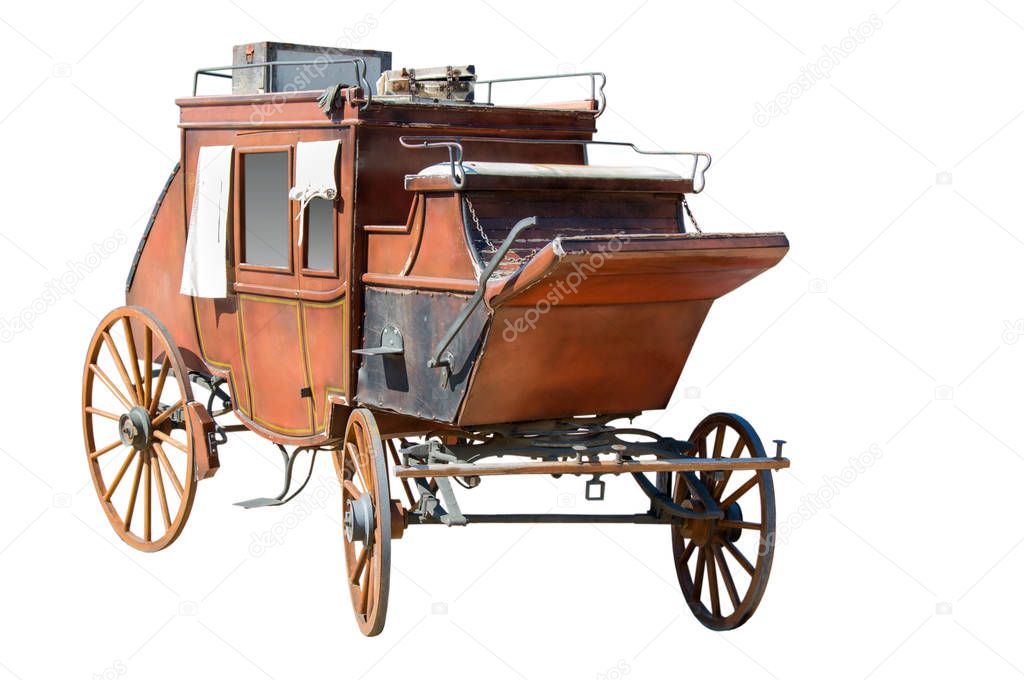 Old wooden carriage on a white background.