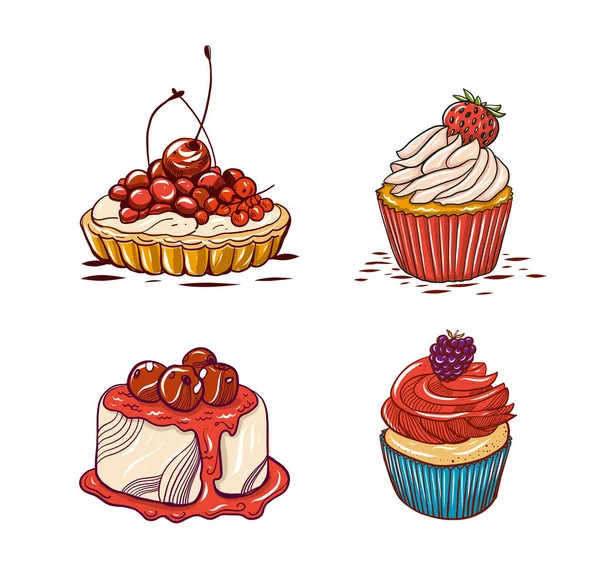 Collezione Dessert Icone Vettoriali Stile Cartone Animato Illustrazione Vettoriale Isolato — Vettoriale Stock