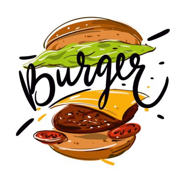 Burger el çizilmiş vektör arka plan illüstrasyon izole. EPS 8