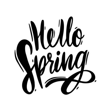 Merhaba bahar el vektör yazı çekilmiş. Beyaz arka plan üzerinde izole siyah mürekkep. Tatil tebrik kartı ve davetiye mevsimlik bahar tatil için tasarım.