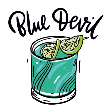 Mavi şeytanı kokteyl elle çizilmiş vektör çizim. Karikatür tarzı. Beyaz arka plan üzerinde izole.