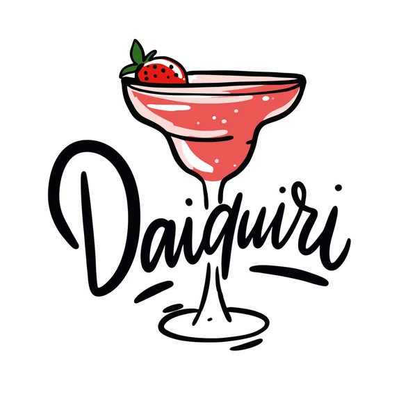 Çilek Daiquiri kokteyl elle çizilmiş vektör çizim ve yazı. Karikatür tarzı. Beyaz arka plan üzerinde izole.