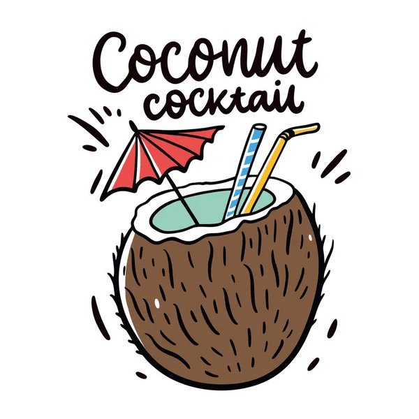 Aloha Tropisk Kokos Cocktail Hand Dras Vektor Iluustration Isolerad Vit — Stock vektor