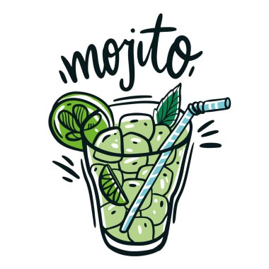 Kokteyl Mojito elle çizilmiş vektör çizim ve yazı. Beyaz arka plan üzerinde izole.