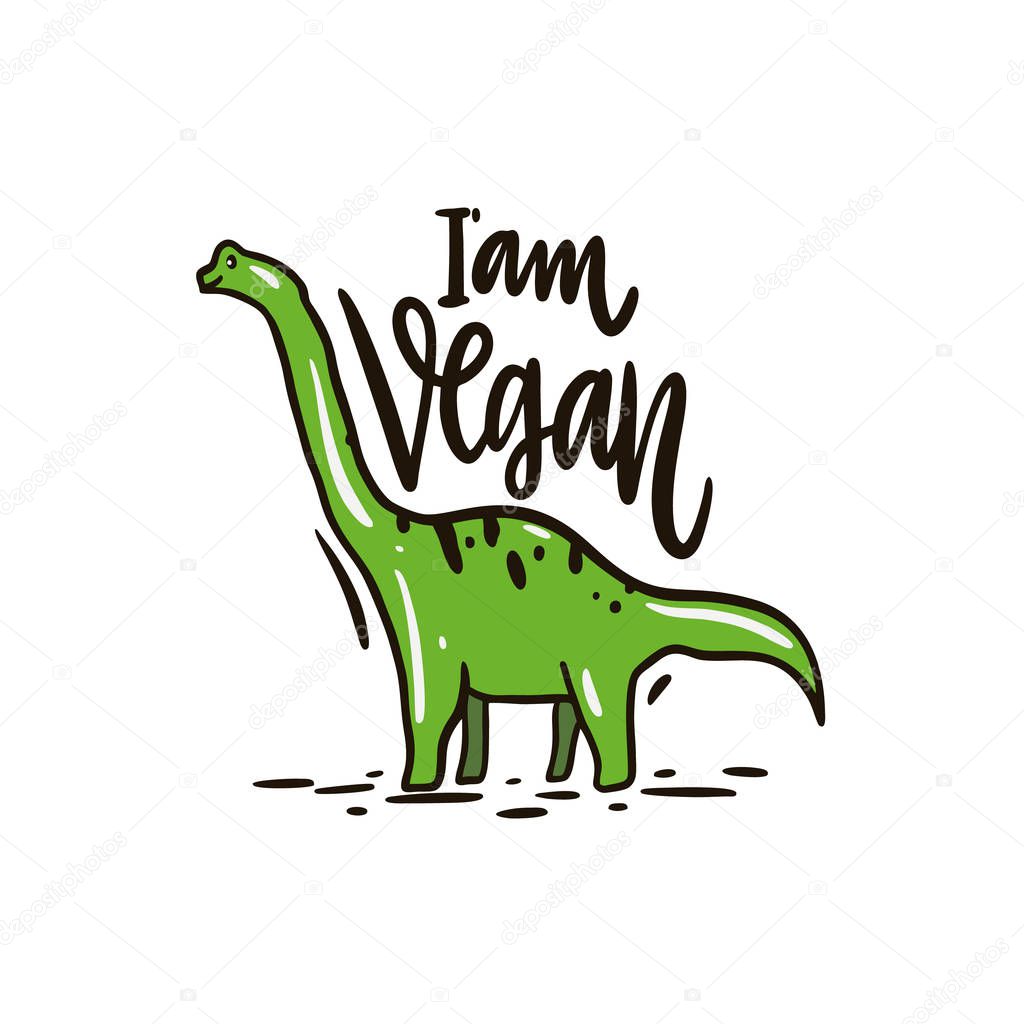 Dinosaur Diplodocus hand drawn vector illustration. I'am vegan lettering. Cartoon style. Isolated on white background.