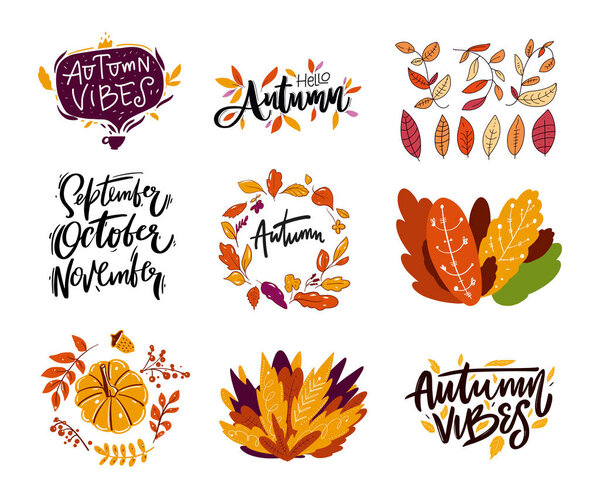 Hello Autumn. September, October, November. Hand drawn lettering phrase. Vector set with Leaves. Modern brush calligraphy. Vector illustration. Isolated on white background.