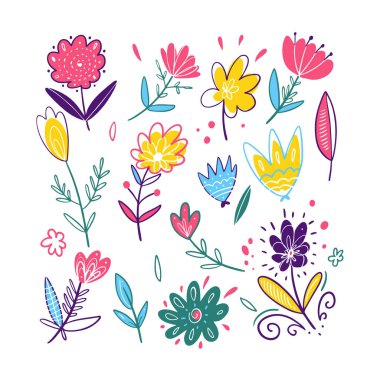 Bahar çiçekleri seti. El çizilmiş vektör çizim. Beyaz arka planda yalıtılmış.