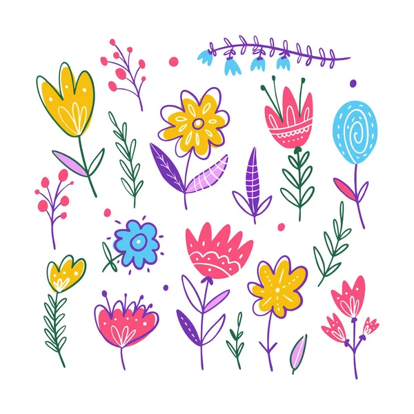 Frühlingsblumen gesetzt. handgezeichnete Vektorillustration. isoliert auf weißem Hintergrund. — Stockvektor
