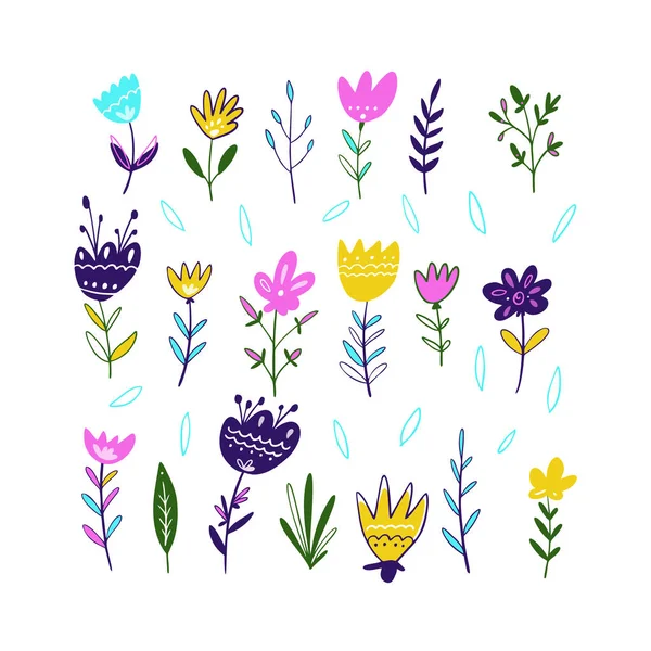 Set de flores de primavera. Ilustración vectorial dibujada a mano. Aislado sobre fondo blanco . — Vector de stock