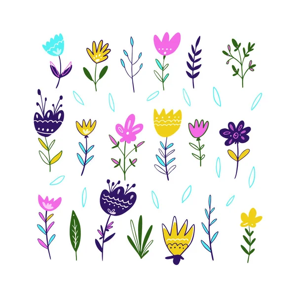 Conjunto de flores da primavera. Ilustração vetorial desenhada à mão. Isolado sobre fundo branco . —  Vetores de Stock