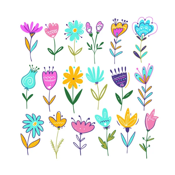 Conjunto de flores da primavera. Ilustração vetorial desenhada à mão. Isolado sobre fundo branco . —  Vetores de Stock