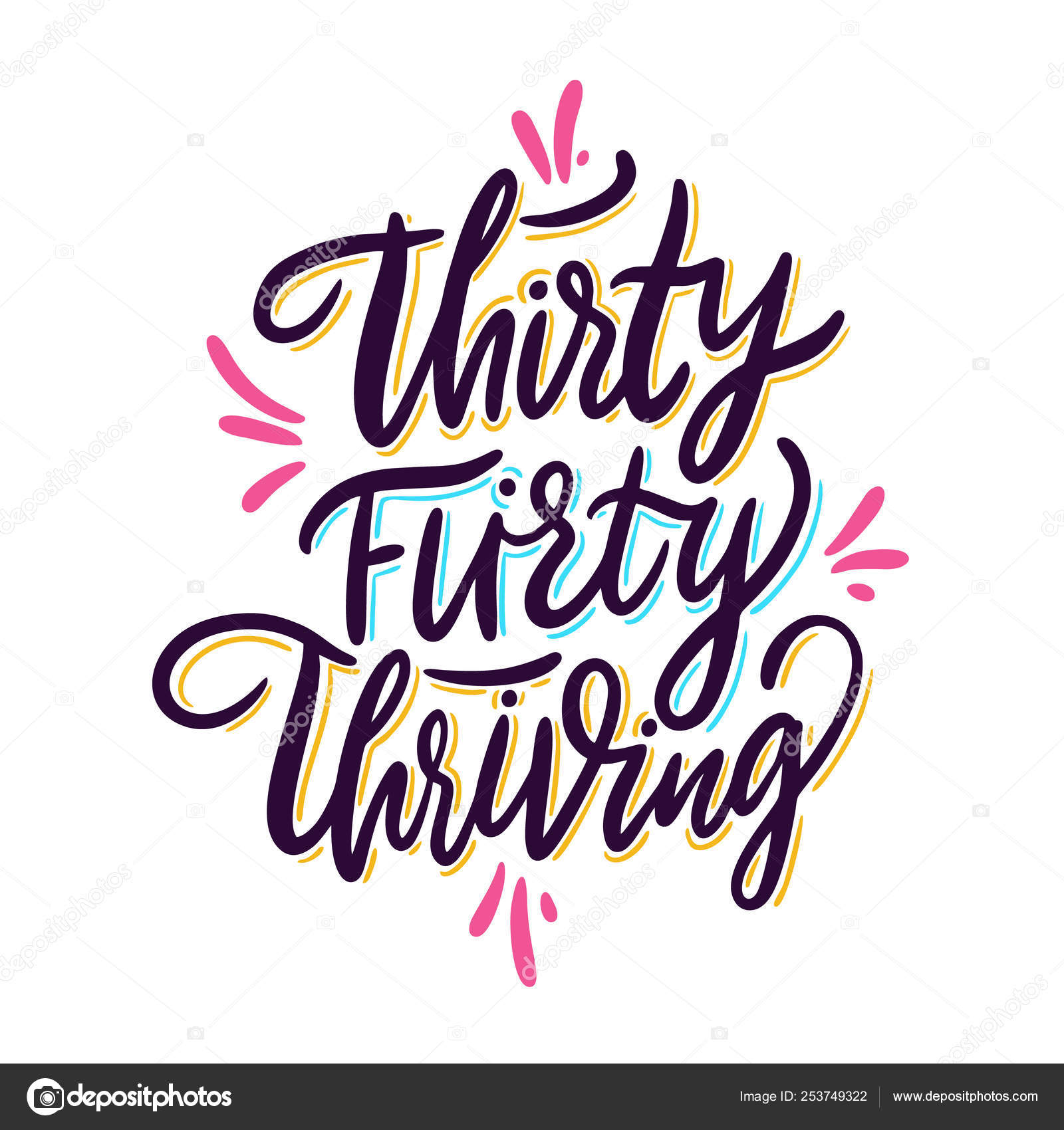 Thirty Flirty Thriving. Hand drawn vector lettering. Motivational