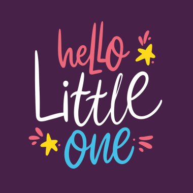 Merhaba Küçük Bir ifade el çizilmiş vektör harfleri. Mor arka planda yalıtılmış.