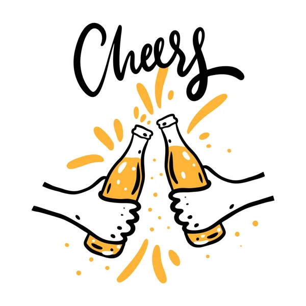 Cheers with beer glasses. Hand drawn vector illustration. Cartoon style. Isolated on white background. — Stock Vector