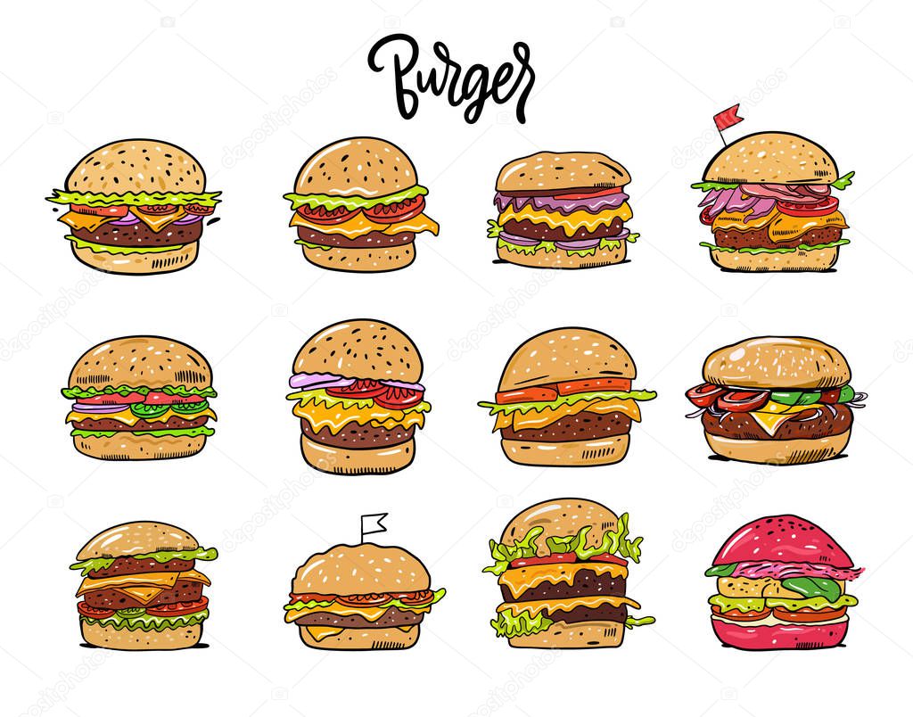 Burgers set. Hand drawn vector illustration. Cartoon style.