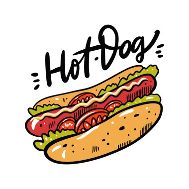 Hotdog el vektör illüstrasyon çizilmiş. Karikatür tarzı.
