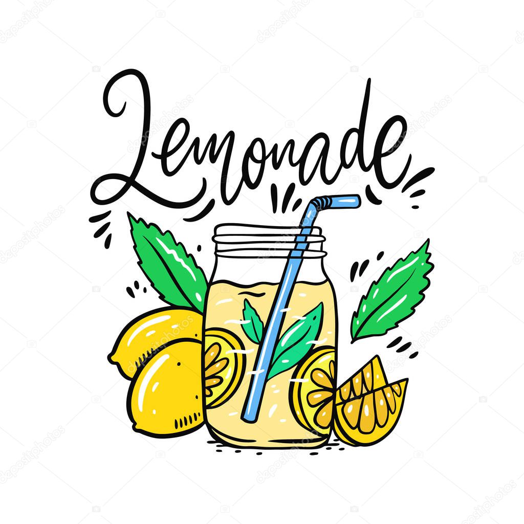 Glass of mug Lemonade hand drawn vector illustration and lettering. Cartoon style. Isolated on white background. Print for design t-shirt, poster, banner