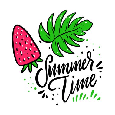 Yaz saati el vektör harfleri çizilmiş. Bırak ve çilek illüstrasyon.