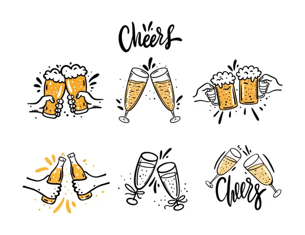 Cheers with beer glasses. Hand drawn vector illustration set. Cartoon style. Isolated on white background. — Stock Vector